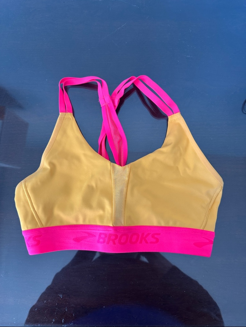 Brooks Women's Mustard Gold Sports Bra with Hot Pink Strappy Band